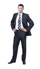 Full length of young successful manager smiling isolated on white