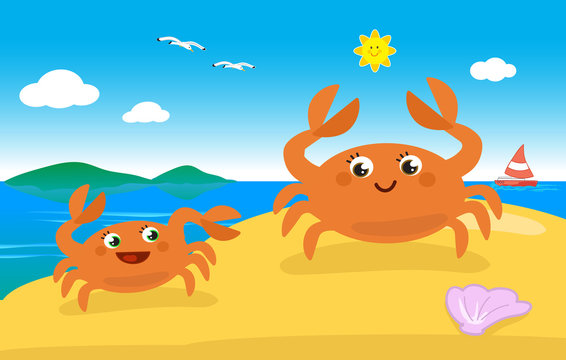 Cute crab family on the beach VECTOR illustration