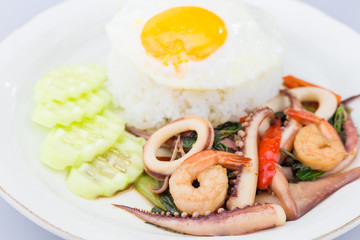 Thai food,Fried sea food with sweet basil.Fast food in Thailand and eaten anywhere in the country.
