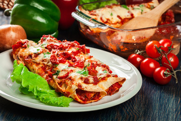 Traditional mexican enchiladas with chicken meat, spicy tomato sauce and cheese on a plate