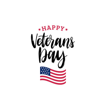 Happy Veterans Day lettering with USA flag illustration. November 11 holiday background. Greeting card in vector.