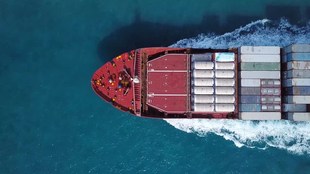 Large container ship at sea - Top down Aerial footage