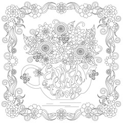 Anti stress motivation banner Enjoy the little things, flowers in tea pot, butterflies, square flowering frame hand drawn monochrome vector illustration