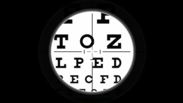 A sniper scope pointing at a Snellen Chart (a table full of letters of varying sizes, used by ophthalmologists to measure visual acuity).
