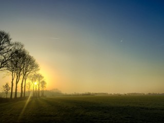 Dramatic golden sunrise over a lovely green natural landscape with glowing sunbeams in a blue sky