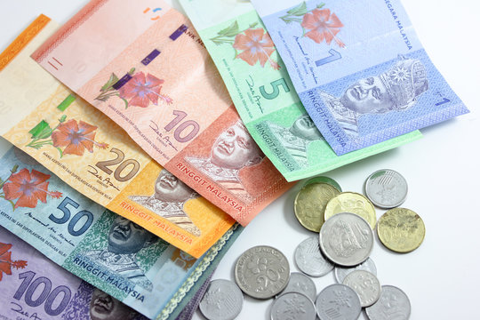 Closeup shot of Ringgit Malaysia banknotes  and coins