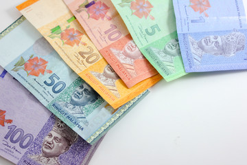 Closeup shot of Ringgit Malaysia banknotes  