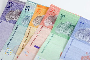Closeup shot of Ringgit Malaysia banknotes  