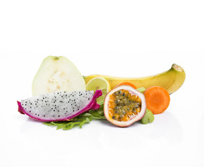 Fresh fruit on white background, healthy food concept