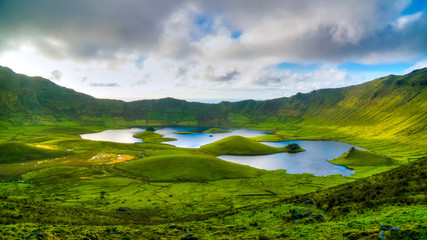 Landscape sunset view to Caldeirao crater, Corvo island, Azores, Portugal - 177941468