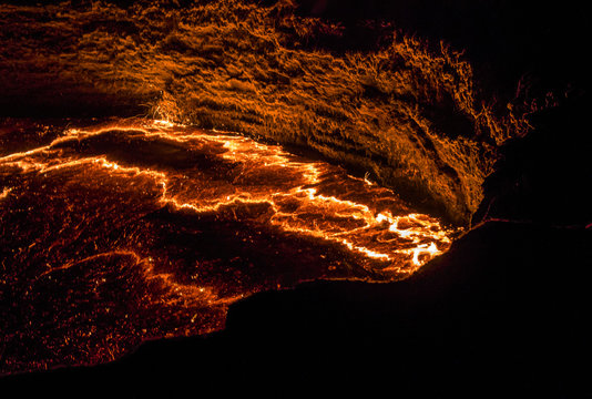 Panorama Erta Ale volcano crater, melting lava, Danakil depression, Afar, Ethiopia