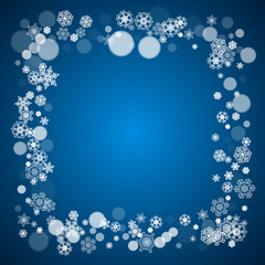New Year snow on blue background. Winter theme. Christmas and New Year snow falling backdrop. For season sales, special offers, banners, cards, party invites, flyers. White frosty snowflakes on blue.