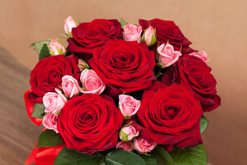 Bouquet of different flowers, roses, carnations, gerberas, sunflowers, irises..