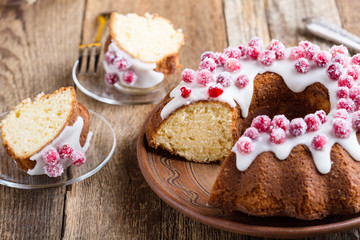 Candied cranberries bundt cake with lemon sugar glaze