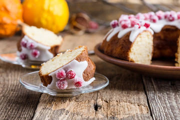 Candied cranberries bundt cake with lemon sugar glaze