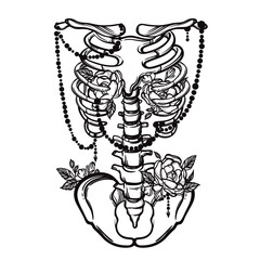Skeleton ribs and flowers. Vintage vector illustration. Tattoo style. Great for tattoos, print t-shirts and coloring books.