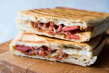 Toast Pizza Sandwich cut in half. Ready to eat.