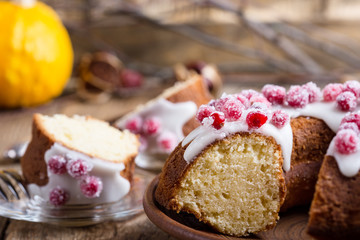 Candied cranberries bundt cake with lemon sugar glaze