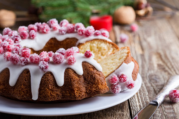 Candied cranberries bundt cake with lemon sugar glaze