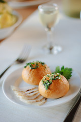 Russian and ukranian food - pampushki pastries on plate.