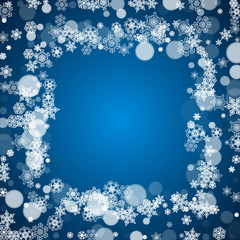 Winter border with white snowflakes for Christmas and New Year celebration. Holiday winter border on blue background for banners, gift coupons, vouchers, ads, party events. Falling frosty snowflakes.
