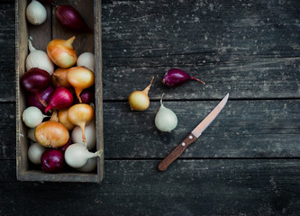 Colored onion in a box with knife on wood background.Top view