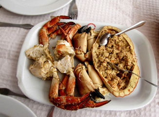 Traditional Portuguese seafood dish brown crab (Cancer pagurus), known as Sapateira Recheada