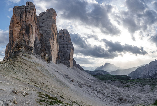 Tre Cime di Lavaredo at sunset with gray sky n2