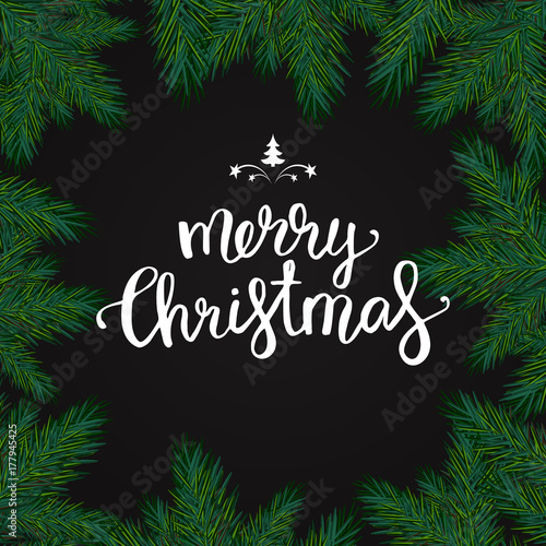 &quot;Realistic christmas frame with fir. Merry Christmas typography lettering pine tree decoration