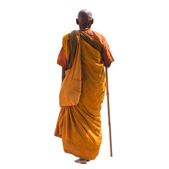 Old monk holding a walking stick isolated on white background, include clipping path