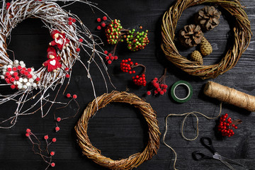 Make a Christmas wreath with your own hands. Workplace for preparing handmade decorations.