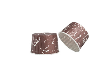 Paper baking case for cupcake ,isolated white background. Cupcake cases in brown color turning upside down ready for. celebration party, baking concept.