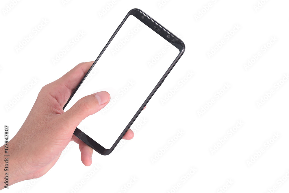 Poster Hand holding mobile phone and using touching screen isolated on white background for mock up smartphone clipping path