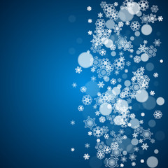 New Year snow on blue background. Winter theme. Christmas and New Year snow falling backdrop. For season sales, special offers, banners, cards, party invites, flyers. White frosty snowflakes on blue.