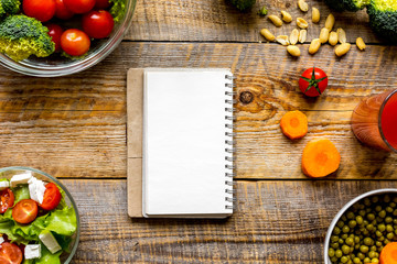 concept diet, slimming plan with vegetables top view mock up