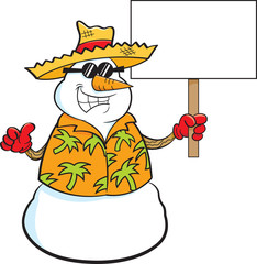 Cartoon illustration of a snowman wearing a straw hat and holding a sign.