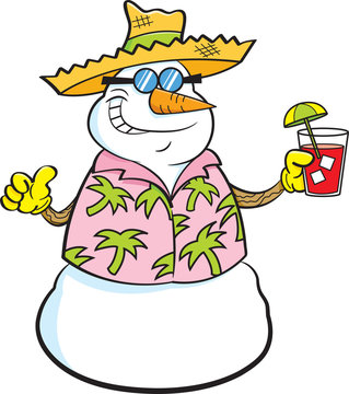Cartoon illustration of a snowman wearing a straw hat and holding a tropical drink.
