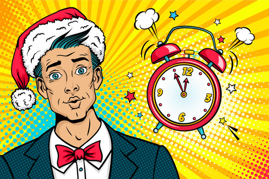 Christmas pop art face. Surprised young man in Santa Claus hat, suit and bow tie and  bright makeup and alarm clock ringing. Vector illustration in retro comic style. New year party invitation poster.