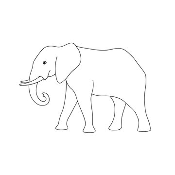 Isolated black outline monochrome elephant on white background. Curve lines. Page of coloring book. Side view.