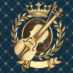 Golden violin retro emblem