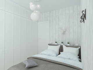 Small cozy bedroom in white, blue and grey colors in Scandinavian style