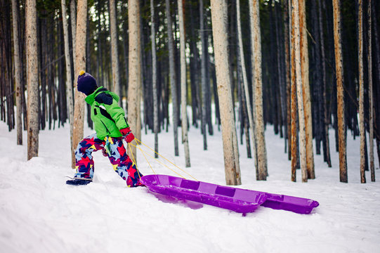Small boy in ski clothes walks through snow trailing two purple sleds behind him