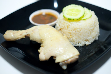 Hainanese chicken rice and soy sauce