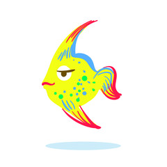 Cute serious face cartoon yellow fish character hand drawn vector illustration