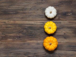 Small white, medium yellow, and big orange pumpkins put vertically on dark wooden background show colorful pattern and scale used in Halloween, still life, kitchen, and comparison, and country themes