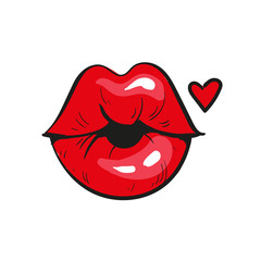 Sexy red lips in a kiss of love. And red heart, isolated on white. Vector illustration.