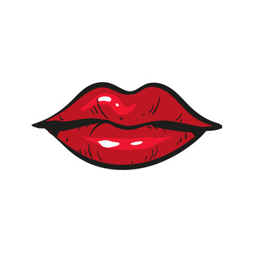 Red female lips closed hand drawn isolated on white