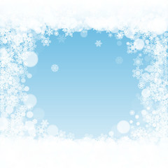 Christmas snowflakes on winter background. Frame for seasonal winter banners, gift coupons, vouchers, ads, party events. Blue sky with Christmas snowflakes. Falling snow for holiday celebration