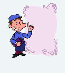 happy white chef is showing, as if he were in front of a blackboard, the data you want. He has a folder in his hand.