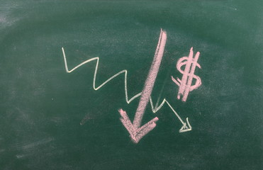 Deficit, falling stock, on chalkboard, blackboard texture